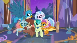 Size: 1366x768 | Tagged: safe, derpibooru import, screencap, gallus, ocellus, sandbar, silverstream, smolder, yona, changedling, changeling, classical hippogriff, dragon, earth pony, gryphon, hippogriff, pony, yak, she's all yak, bow, bowtie, cloven hooves, colored hooves, cute, diaocelles, diastreamies, dragoness, female, flying, gallabetes, group hug, hair bow, hug, image, jewelry, male, monkey swings, necklace, png, raised hoof, sandabetes, smolderbetes, spread wings, student six, teenager, wings, yonadorable