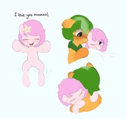 Size: 4702x4438 | Tagged: safe, artist:maxisb8, derpibooru import, oc, oc:kayla, oc:papaya, unofficial characters only, earth pony, pony, bed, blushing, cute, dialogue, female, filly, flower, flower in hair, freckles, hug, image, mother and child, mother and daughter, png, simple background, solo, tucking in, white background