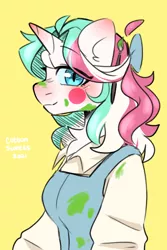 Size: 1000x1500 | Tagged: safe, artist:cottonsweets, derpibooru import, oc, oc:cottonsweets, anthro, cat, cat pony, original species, unicorn, bow, different hairstyle, image, paint, paintbrush, png, solo