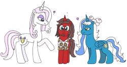 Size: 3216x1715 | Tagged: safe, artist:supahdonarudo, derpibooru import, fleur-de-lis, oc, oc:fleurbelle, oc:ironyoshi, alicorn, unicorn, alicorn oc, bow, clothes, confused, heart, horn, image, lucky bastard, png, question mark, seductive look, shirt, simple background, this will end in snu snu, transparent background, wings