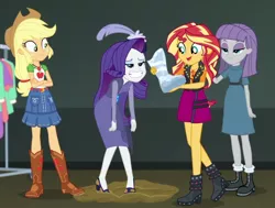 Size: 846x638 | Tagged: safe, artist:thedarkpony, derpibooru import, edit, edited screencap, screencap, applejack, maud pie, rarity, sunset shimmer, equestria girls, equestria girls series, rarity investigates: the case of the bedazzled boot, clothes, cropped, geode of empathy, geode of super strength, image, magical geodes, mud, mud edit, muddy shoes, png, rarity investigates (eqg): applejack, shoes