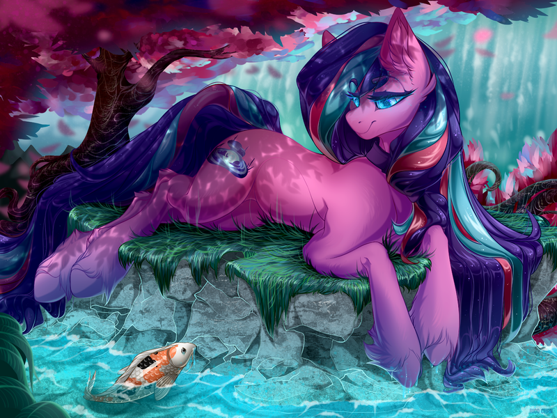 Size: 4700x3525 | Tagged: safe, artist:rico_chan, derpibooru import, oc, oc:serenity pond, unofficial characters only, carp, earth pony, fish, koi, pony, cherry blossoms, commission, female, flower, flower blossom, image, long hair, mare, png, smiling, solo, stone, tree, water, waterfall, ych result