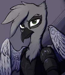Size: 939x1080 | Tagged: safe, artist:tatykin, derpibooru import, oc, oc:gideon, unofficial characters only, gryphon, armor, griffon oc, image, looking at you, male, png, simple background