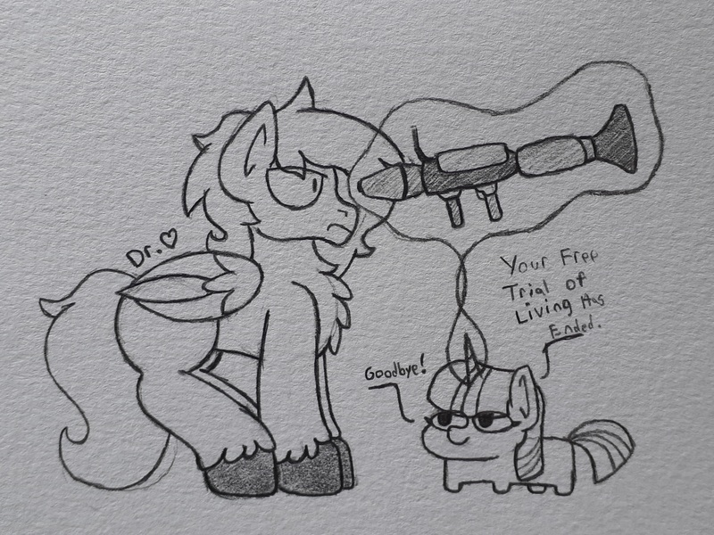 Size: 2739x2055 | Tagged: safe, artist:drheartdoodles, derpibooru import, twilight sparkle, oc, oc:dr.heart, clydesdale, pegasus, pony, unicorn, chest fluff, image, jpeg, levitation, magic, monochrome, rocket launcher, squatpony, telekinesis, this will end in death, traditional art, twiggie