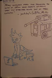 Size: 1544x2312 | Tagged: safe, artist:sketchwork_gd_inuk, derpibooru import, gallus, gryphon, computer, image, implied trixie, jpeg, laptop computer, quote, solo, tank (vehicle), traditional art, trixie's wagon, whiteboard