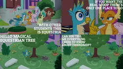 Size: 2000x1125 | Tagged: safe, derpibooru import, edit, edited screencap, editor:quoterific, screencap, gallus, ocellus, sandbar, silverstream, smolder, yona, changeling, dragon, earth pony, gryphon, hippogriff, pony, yak, what lies beneath, book, eyes closed, female, flying, image, male, open mouth, png, school of friendship, student six, teeth, tree, trio