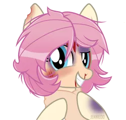 Size: 1200x1144 | Tagged: semi-grimdark, artist:jennieoo, derpibooru import, oc, oc:jennie gordon, unofficial characters only, pegasus, pony, blood, bruised, bust, image, nosebleed, not fluttershy, oc abuse, png, show accurate, simple background, smiling, solo, transparent background