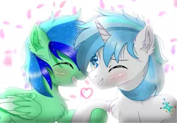 Size: 1637x1132 | Tagged: safe, artist:jadebreeze115, derpibooru import, oc, oc:jade breeze, oc:winter light, unofficial characters only, pegasus, pony, unicorn, blue eyes, blue hair, blushing, cherry blossoms, chest fluff, colored pupils, cute, ear fluff, ethereal mane, eyes closed, flower, flower blossom, folded wings, gay, grin, heart, heart eyes, holding hooves, horn, image, male, nuzzles, nuzzling, one eye closed, pegasus oc, petals, png, shipping, smiling, stallion, starry eyes, starry mane, unicorn oc, wingding eyes, wings, wings down