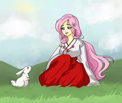 Size: 3312x2813 | Tagged: safe, artist:ameliacostanza, derpibooru import, part of a set, fluttershy, rabbit, equestria girls, animal, anime, cloud, crossover, image, inuyasha, kikyo, miko, open mouth, png, priestess, sitting, sun, yamato nadeshiko, yukata