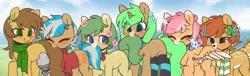 Size: 4962x1500 | Tagged: safe, artist:angelbeat-drift, derpibooru import, oc, oc:clementine, oc:clover springs, oc:jade sprockett, oc:olive branch, oc:tori, oc:valencia orange, unofficial characters only, deer, deer pony, earth pony, original species, pegasus, pony, unicorn, amputee, ascot, biting, blank flank, blushing, clothes, clover, collar, cute, cutie mark, derpibooru exclusive, female, field, freckles, group, grumpy, height difference, image, looking at each other, looking back, mare, markings, nom, nom train, png, prosthetic leg, prosthetic limb, prosthetics, scarf, smiling, socks, spots, sweater, tail bite, tail noms, thigh highs