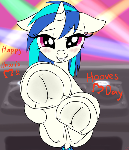 Size: 3600x4200 | Tagged: suggestive, artist:littlenaughtypony, derpibooru import, vinyl scratch, pony, unicorn, blushing, commission, female, fetish, floppy ears, frog (hoof), hearts and hooves day, hoof fetish, hoofbutt, image, jpeg, looking at you, smiling, solo, teeth, underhoof, your character here