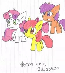 Size: 970x1081 | Tagged: safe, artist:cmara, derpibooru import, apple bloom, scootaloo, sweetie belle, earth pony, pegasus, pony, unicorn, apple bloom's bow, bow, cutie mark crusaders, female, filly, grin, hair bow, image, jpeg, simple background, smiling, traditional art, trio, white background