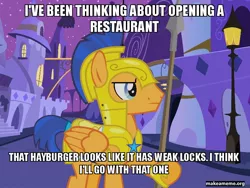 Size: 800x600 | Tagged: safe, derpibooru import, edit, edited screencap, screencap, flash sentry, pegasus, pony, breaking and entering, caption, dialogue, exploitable meme, idiot sentry, image, image macro, jpeg, literal minded, male, meme, restaurant, solo, spear, text, the hayburger, weapon