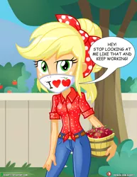 Size: 1500x1942 | Tagged: safe, artist:dieart77, derpibooru import, applejack, equestria girls, equestria girls series, five to nine, apple, bucket, coronavirus, covid-19, face mask, food, image, jpeg, looking at you, mask, speech bubble, talking to viewer, tree, working