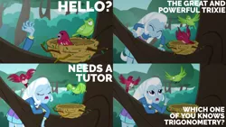 Size: 1280x720 | Tagged: safe, derpibooru import, edit, edited screencap, editor:quoterific, screencap, trixie, bird, a little birdie told me, equestria girls, equestria girls series, bird nest, collage, eyes closed, female, image, jpeg, nest, open mouth, solo, teeth, tree, tree branch