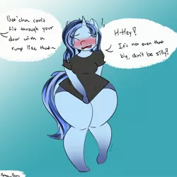 Size: 2700x2700 | Tagged: safe, artist:petra_bun, derpibooru import, oc, oc:urban wave, anthro, unguligrade anthro, unicorn, anthro oc, blank flank, blushing, blushing profusely, bottom heavy, chubby, embarrassed, extra thicc, eyes closed, fat, female, food, image, jpeg, large butt, open mouth, pear, pear shaped, plump, solo, teasing, thick, thighs, thunder thighs, wide hips