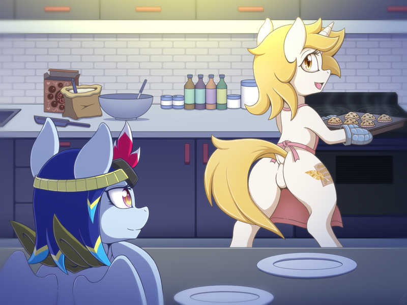 Size: 1333x1000 | Tagged: safe, artist:vavacung, derpibooru import, oc, oc:aerial ace, oc:alternate dawn, pegasus, pony, unicorn, comic:crazy future, apron, bipedal, butt, clothes, eyes on the prize, female, image, mare, naked apron, plot, png