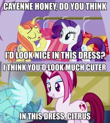 Size: 900x1012 | Tagged: safe, derpibooru import, screencap, cayenne, citrus blush, rarity, pony, unicorn, canterlot boutique, caption, clothes, dress, female, image, image macro, mare, png, princess dress, text