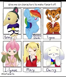 Size: 791x929 | Tagged: safe, artist:cinnamice, derpibooru import, anteater, anthro, big cat, dog, human, pegasus, pony, tiger, six fanarts, animal crossing, anthro with ponies, bust, clothes, crossed arms, crossover, digimon, eyes closed, female, image, jpeg, kakegurui, kung fu panda, lillymon, male, mare, one eye closed, smiling, wink