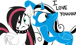 Size: 609x360 | Tagged: safe, artist:emalajiss36, derpibooru import, oc, oc:emala jiss, oc:miss smile, unofficial characters only, alicorn, pegasus, pony, alicorn oc, choker, derp, ear piercing, eyelashes, female, frown, heterochromia, hoof hold, horn, image, lesbian, mare, oc x oc, open mouth, pegasus oc, piercing, png, shipping, simple background, spiked choker, white background, wings