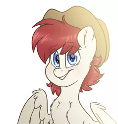 Size: 2000x2100 | Tagged: safe, artist:fluffyxai, derpibooru import, oc, oc:sound blow, unofficial characters only, pegasus, pony, female, hat, image, leather hat, looking at you, mare, png, simple background, smiling, solo, white background
