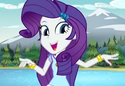 Size: 1568x1080 | Tagged: safe, derpibooru import, screencap, rarity, equestria girls, legend of everfree, bracelet, camp everfree outfits, cropped, female, image, jewelry, looking at you, mountain, mountain range, open mouth, outdoors, png, solo