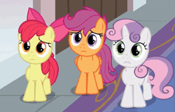 Size: 601x388 | Tagged: safe, derpibooru import, screencap, apple bloom, scootaloo, sweetie belle, earth pony, pegasus, pony, unicorn, marks for effort, adorabloom, animated, bow, cropped, cute, cutealoo, cutie mark crusaders, diasweetes, female, gif, gritted teeth, hair bow, image, pleading, please, talking, teeth, trio, trio female, weapons-grade cute
