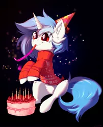 Size: 2555x3167 | Tagged: safe, artist:vincher, derpibooru import, oc, unofficial characters only, pony, unicorn, abstract background, birthday, birthday cake, cake, candle, clothes, commission, crying, cute, ear fluff, eye clipping through hair, female, food, hat, image, jpeg, mare, not vinyl scratch, party hat, party horn, pubic fluff, sitting, smiling, solo, strawberry, sweater, tears of joy