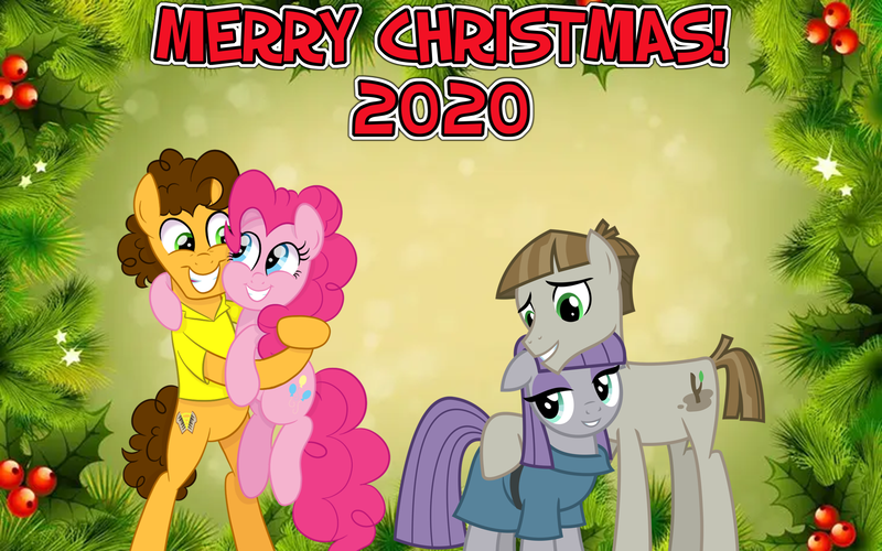 Size: 2064x1289 | Tagged: safe, anonymous artist, derpibooru import, cheese sandwich, maud pie, mudbriar, pinkie pie, earth pony, brothers-in-law, cheesepie, christmas, female, happy hearth's warming, hearth's warming, holiday, hug, husband and wife, image, lyrics in the description, male, maudbriar, merry christmas, pinkie's present, png, shipping, siblings, sisters, smiling, straight, youtube link in the description