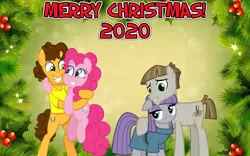 Size: 2064x1289 | Tagged: safe, anonymous artist, derpibooru import, cheese sandwich, maud pie, mudbriar, pinkie pie, earth pony, brothers-in-law, cheesepie, christmas, female, happy hearth's warming, hearth's warming, holiday, hug, husband and wife, image, lyrics in the description, male, maudbriar, merry christmas, pinkie's present, png, shipping, siblings, sisters, smiling, straight, youtube link in the description