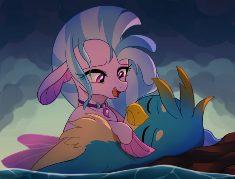 Size: 3476x2650 | Tagged: safe, artist:heavysplatter, artist:maren, derpibooru import, gallus, silverstream, gryphon, hippogriff, seapony (g4), ariel, chest fluff, crossover, cute, dark sky, diastreamies, disney, eyes closed, female, floppy ears, gallabetes, gallstream, image, jewelry, lidded eyes, looking down, male, necklace, now kiss, parody, part of your world, png, prince eric, princess ariel, reference, rock, scene interpretation, scene parody, seapony silverstream, shipping, straight, the little mermaid, unconscious, water