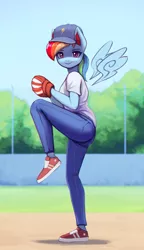 Size: 1800x3122 | Tagged: safe, artist:mrscroup, derpibooru import, rainbow dash, anthro, pegasus, baseball, baseball cap, baseball glove, butt, cap, clothes, floating wings, gloves, hat, image, jeans, jpeg, looking at you, pants, plot, shoes, sneakers, solo, sports, wings