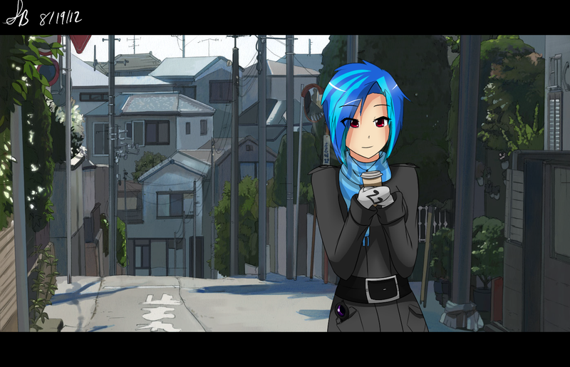 Size: 1397x900 | Tagged: safe, artist:sketchbookfim, artist:suketchib, derpibooru import, vinyl scratch, human, city, coffee, female, humanized, image, mittens, png, scenery, solo