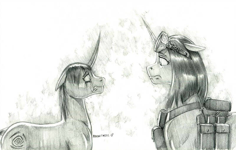 Size: 1280x812 | Tagged: safe, artist:baron engel, derpibooru import, oc, oc:last thing, oc:prophecy, unofficial characters only, pony, unicorn, duo, female, goggles, grayscale, harness, image, jpeg, mare, monochrome, pencil drawing, story included, tack, traditional art