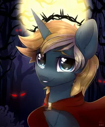 Size: 1498x1800 | Tagged: safe, artist:reterica, derpibooru import, oc, oc:wooded bastion, unofficial characters only, pony, unicorn, background eyes, blonde hair, blonde mane, blue coat, bust, cape, clasp, cloak, clothes, creepy, crown of thorns, cyan coat, eye clipping through hair, eyebrows visible through hair, glowing eyes, halo, image, jpeg, lidded eyes, male, moon, night, pin, portrait, smiling, solo, stallion, tree