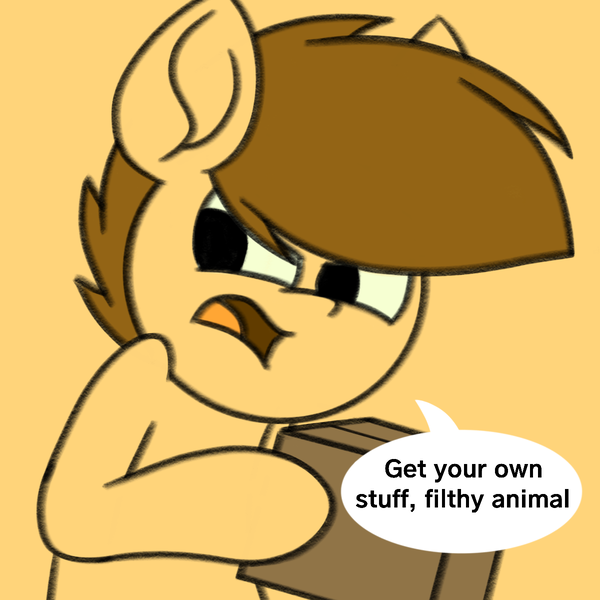 Size: 1200x1200 | Tagged: safe, artist:thebadbadger, derpibooru import, oc, oc:phire demon, earth pony, pony, box, image, juxtaposition bait, png, simple background, solo, speech bubble, tan background