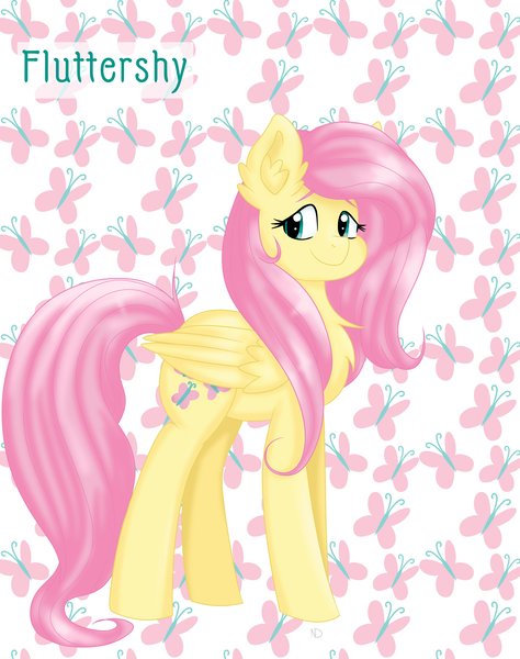 Size: 2792x3535 | Tagged: safe, artist:nightydream, derpibooru import, fluttershy, pegasus, pony, chest fluff, cutie mark background, ear fluff, female, folded wings, image, looking at you, looking sideways, mare, name, png, smiling, solo, standing, three quarter view, wings