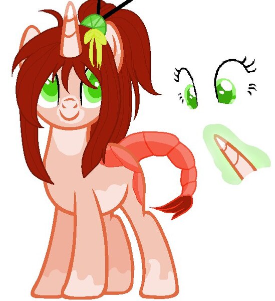 Size: 583x637 | Tagged: safe, derpibooru import, oc, unofficial characters only, hybrid, original species, pony, shrimp, shrimp pony, augmented tail, eye, eyelashes, eyes, glowing horn, horn, image, jpeg, reference sheet, smiling, solo