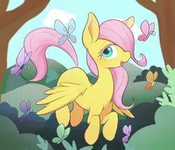 Size: 2048x1750 | Tagged: safe, artist:noupu, derpibooru import, fluttershy, butterfly, insect, pegasus, pony, the cutie mark chronicles, blank flank, blushing, cute, female, filly, filly fluttershy, hair over one eye, image, jpeg, looking at you, open mouth, outdoors, scene interpretation, shyabetes, smiling, so many wonders, solo, spread wings, three quarter view, tree, wings, younger