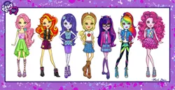 Size: 1500x771 | Tagged: safe, artist:nicole guice, derpibooru import, official, applejack, fluttershy, pinkie pie, rainbow dash, rarity, sci-twi, sunset shimmer, twilight sparkle, equestria girls, equestria girls series, clothes, concept art, doll, female, humane five, humane seven, humane six, image, jpeg, looking at you, reboot, surreal, toy