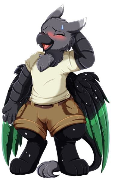 Size: 2550x4009 | Tagged: safe, artist:pridark, derpibooru import, oc, unofficial characters only, anthro, gryphon, absurd resolution, blushing, clothes, colored wings, commission, cute, embarrassed, eyes closed, griffon oc, high res, image, male, multicolored wings, ocbetes, open mouth, png, shorts, simple background, solo, transparent background, wings