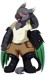 Size: 2550x4009 | Tagged: safe, artist:pridark, derpibooru import, oc, unofficial characters only, anthro, gryphon, absurd resolution, blushing, clothes, colored wings, commission, cute, embarrassed, eyes closed, griffon oc, high res, image, male, multicolored wings, ocbetes, open mouth, png, shorts, simple background, solo, transparent background, wings