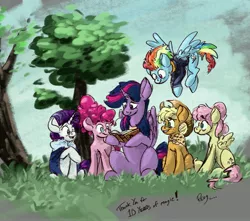 Size: 4653x4107 | Tagged: safe, artist:rigbyh00ves, derpibooru import, applejack, fluttershy, pinkie pie, rainbow dash, rarity, twilight sparkle, twilight sparkle (alicorn), alicorn, earth pony, pegasus, pony, unicorn, absurd resolution, anniversary, book, book of harmony, cape, clothes, female, flying, folded wings, grass, happy birthday mlp:fim, hoof hold, image, jacket, jpeg, looking at something, mane six, mare, mlp fim's tenth anniversary, neckerchief, older, older applejack, older fluttershy, older mane six, older pinkie pie, older rainbow dash, older rarity, older twilight, open mouth, outdoors, reading, sitting, smiling, spread wings, tree, wings