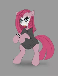Size: 1575x2048 | Tagged: safe, alternate version, artist:littlebibbo, derpibooru import, pinkie pie, earth pony, pony, :p, bipedal, black metal, bracelet, clothes, female, floppy ears, gray background, grin, image, jewelry, jpeg, looking at you, makeup, mare, oversized clothes, oversized shirt, pinkamena diane pie, shirt, simple background, smiling, solo, tongue out