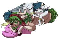 Size: 1280x856 | Tagged: safe, artist:silentwolf-oficial, derpibooru import, oc, unofficial characters only, pegasus, pony, duo, glasses, horns, image, lying down, pegasus oc, png, prone, signature, simple background, sleeping, transparent background, two toned wings, unshorn fetlocks, wings