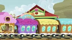 Size: 1280x720 | Tagged: safe, derpibooru import, screencap, growing up is hard to do, appleloosa, background, friendship express, image, no pony, png, ponyville express, scenic ponyville, train station