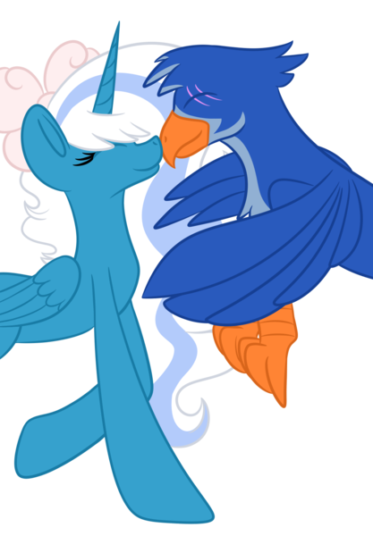 Size: 1077x1550 | Tagged: safe, artist:fallsplash, derpibooru import, oc, oc:fleurbelle, oc:lord ben maza, alicorn, gryphon, pony, alicorn oc, bow, eyes closed, female, griffon oc, hair bow, horn, image, mare, png, scar, simple background, transparent background, wings