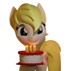 Size: 3840x3840 | Tagged: safe, artist:xppp1n, derpibooru import, oc, oc:aryanne, unofficial characters only, earth pony, pony, 3d, birthday cake, blender, blender cycles, blonde, blonde mane, blonde tail, blue eyes, cake, female, food, image, mare, nazi, nazipone, png, simple background, smiling, solo, swastika, transparent background