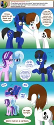 Size: 2048x4756 | Tagged: safe, artist:aarondrawsarts, derpibooru import, starlight glimmer, trixie, oc, oc:brain teaser, oc:true blue, earth pony, unicorn, ask brain teaser, boop, breaking the fourth wall, butt, comic, dialogue, disguise, female, glasses, image, levitation, magic, male, noseboop, plot, png, reference, superman, telekinesis, tumblr, unamused