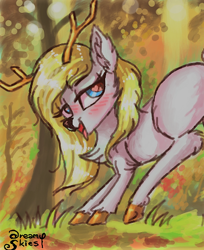 Size: 413x507 | Tagged: questionable, artist:dreamyskies, derpibooru import, oc, oc:sweetie shy, deer, deer pony, original species, blushing, chest fluff, deer oc, ear fluff, female, fluffy, fragments, heart eyes, horns, image, looking back, lowres, open mouth, png, signature, small resolution, solo, tongue out, wingding eyes, wip